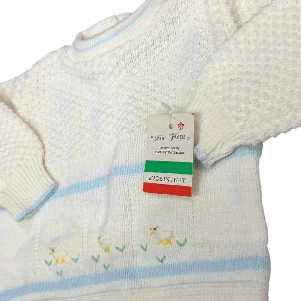 Vintage Zia Flora Italy Knit Sweater Baby 3-6 Months Embroidered Ducks Cute Cozy